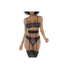 Deux-en-un, nuisette et ensemble trois pièces noir, tissu fleur exotique 